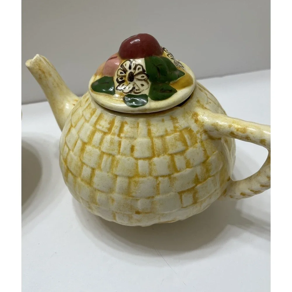 Vintage Basket Weave Ceramic Teapot With Lid Hand Painted Signed 1972 Fruit